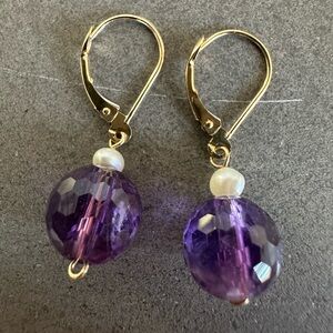 14k Gold, Amethyst Multifaceted Bead & Pearl Drop Earrings